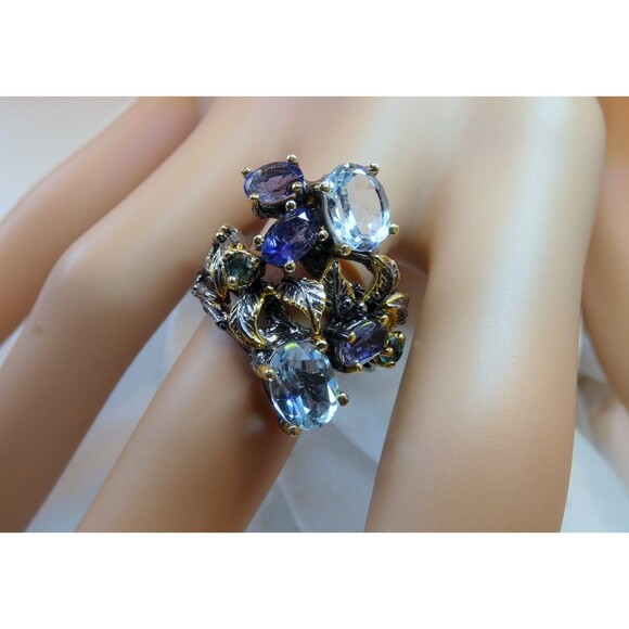 Stunning Blue Topaz- Iolite Sterling Silver Ring Botanical Vines Size 8 Cocktail - Picture 9 of 9
